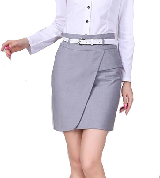 Amazon Stile Moda オフィス ビジネス スカート クール 通勤 結婚式 二次会 パーティ 仕事 スリム 美脚 大人 レディース ブラウス カッターシャツ スーツ ベルト キャリア 営業 おしゃれ シンプル 就職 活動 就活 オリジナルバッジ付き Stma Xl グレー