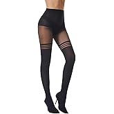 Viyongan Faux Thigh High Pantyhose for Women Goth Mock Patterened Over The Knee Tights Womens Sexy Black Stockings 1 Pairs