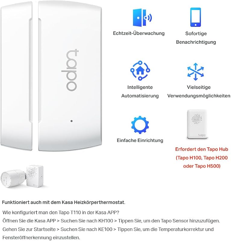 T110 Smart Kontakt Sensor für Fenster-/Türsicherung, Batterielebensdauer von mehr als 1 Jahr, Sofortige App-Benachrichtigung, Muss mit Tapo Hub verwendet Werden