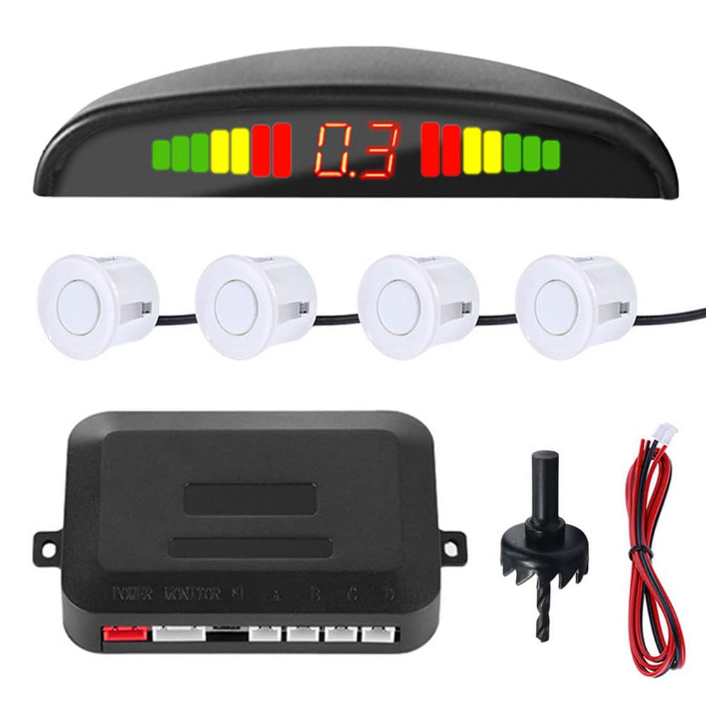 MOCNT Car Reverse Parking Sensors Car Rear Reverse Parking Radar System Car Parking Sensor Kit 4 Rear Sensor Auto Sound Alarm Alert Reverse Backup Radar Display White