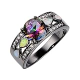 JunXin Women Black Gold Opal Ring Wide Band For Date Multicolor Size5/6/7/8/9/10
