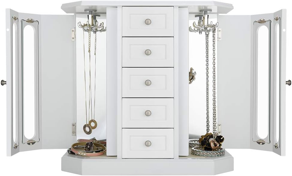 RR ROUND RICH DESIGN Jewelry Box - Made of Solid Wood with Cabinet Type 5 Drawers Organizer and 2 Separated Open Doors on 2 Sides and Large Mirror White: Home & Kitchen
