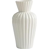 Minimalist White Ceramic Vase for Home Decor - 9.25" Modern Fluted Flower Bud/Table Centerpiece - Aesthetic Nordic Farmhouse Decorative Pottery for Living Room, Shelf, Wedding Gift