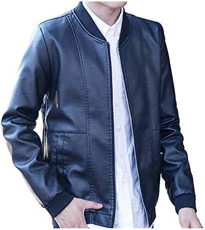 Homaok Men's Smooth Zip-up Leather Collar Bomber Jacket