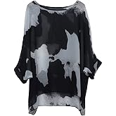 Rokou Women Chiffon Blouse Floral Batwing Sleeve Beach Cover Loose Tunic Shirt Tops