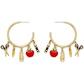 Kokoma Love Apple Pencil Dangle Earrings for Women, Tassel Charms Crystal Apple Statement Drop Earrings Teacher Appreciation Jewelry for Teacher
