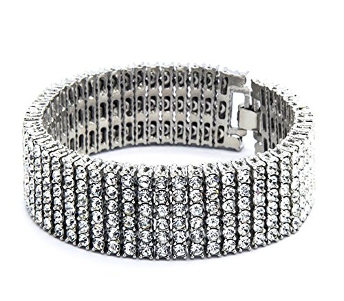 Mens Silver Tone Clear Cz Iced Out 6 Row Hip Hop Bracelet 8.5