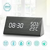 Digital Alarm Clock, LED Wooden Alarm Clock, 3 Levels Adjustable Brightness Dimmer and Triple Alarms, Big Digit Display Date, Temperature and Humidity for Home Bedrooms