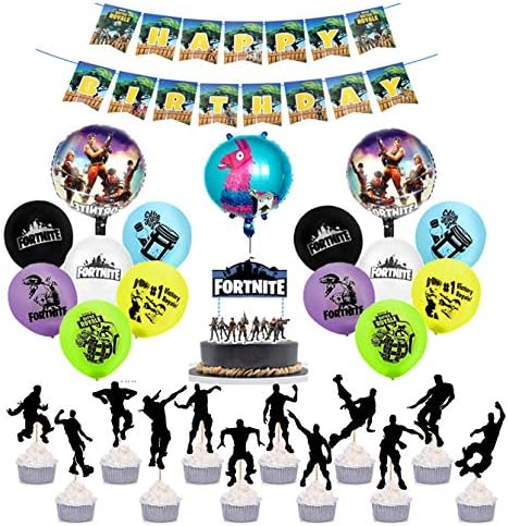 30 Pack Gaming Party Supplies Set,Balloons,Cupcake toppers and banners used for Video Game birthday Kids Battle Royale Gamer Decorations