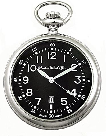 Dueber Swiss Military Style Pocket Watch with Black Dial, Luminous Hands, Steel Case