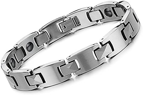 HotVally Magnetic Energy Stones Silver Pure Tungsten Steel Hematite Bracelet Mens (#WS924)