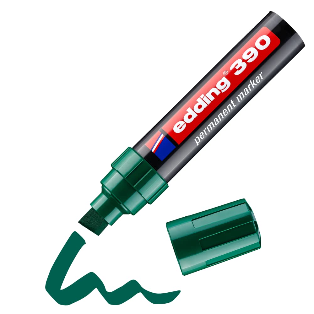 edding 390 permanent marker - green - box of 10 - wide chisel nib 4-12 mm - waterproof, quick-drying - multi-purpose marker, universal pen - for cardboard, plastic, wood, metal, glass, pebbles, canvas