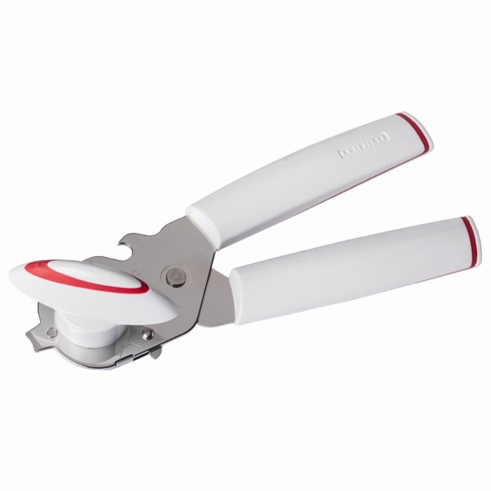 Leifheit Lifty Can Opener, White/Red, Strong Stainless Steel Deluxe Tin Opener, Hardened Steel Geared Cutting Wheel, Effective Opener