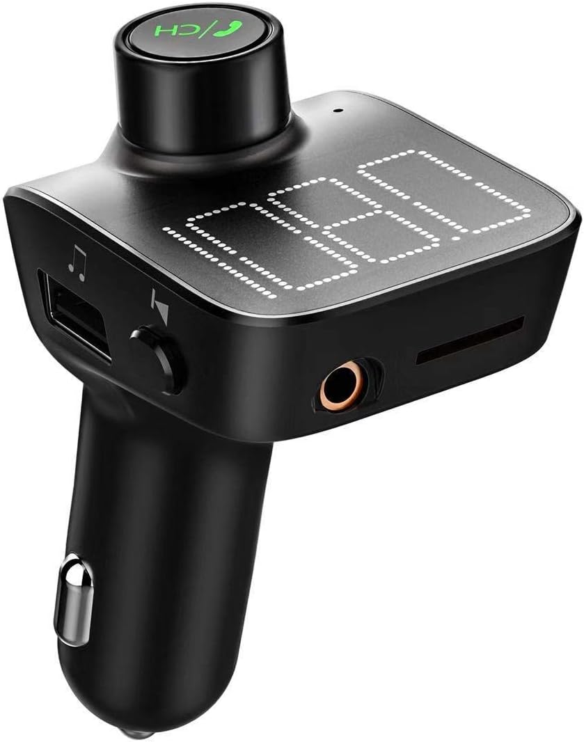 VeeDee T15 Bluetooth V 5.0 FM Transmitter for Car, Wireless Bluetooth FM Radio Adapter Car Kit with Hands-Free Calling, Dual USB Ports Car Charger, AUX Input/Output, TF Card MP3 Player