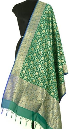 Green Banarasi Dupatta Love Birds Woven Zari Brocade Indian Long Stole Wrap