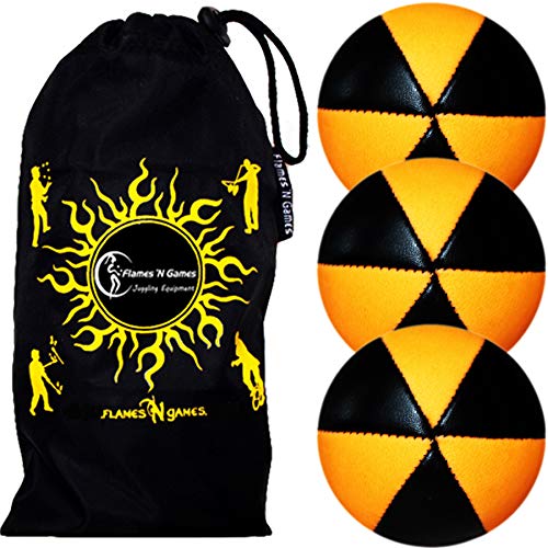 Flames 'N Games 3x ASTRIX UV Thud Juggling Balls set of 3 Pro 6 Panel Leather Juggling Ball Set & Travel Bag! (Orange)