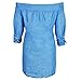 Womens Blue Jean Off Shoulder Floral Embroidery Loose Denim Top Shirt Blouse, Denim Blue, X - Large