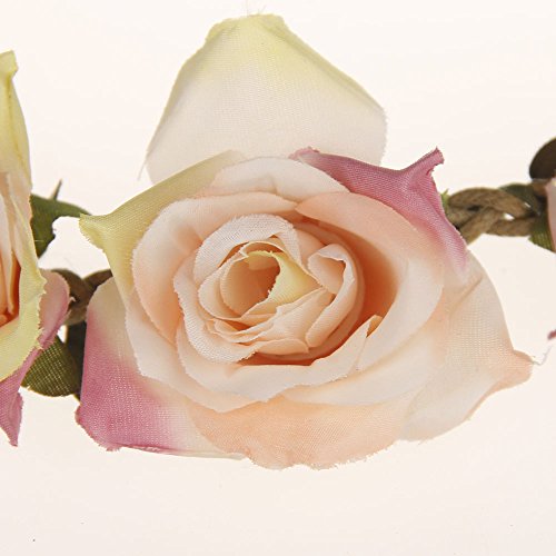 June Bloomy Women Rose Floral Crown Boho Flower Headband Hair Wreath (Pink)