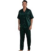 LANMAIGUO Mens Silk Satin Pajamas Sets,Short Sleeves and Pants Button Down Satin Pajama,Silk Satin Pocket Pajama Sets for Men