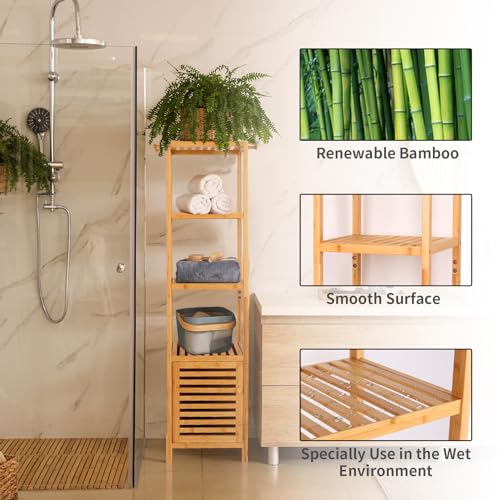 medla Bamboo Bathroom Storage Floor Cabinet: 4 Tiers Multifunctional Floor Shelving Unit Bathroom Floor Cabinet Natural Floor Shelf Free Standing Tower Corner Rack for itchen Living Room Bedroom