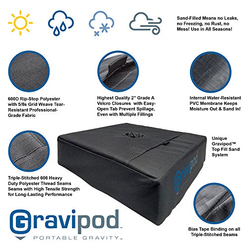 Gravipod 18"x18" Square Umbrella Base Weight Bag-Up to 110#. Safety solution for Patio, Offset and Cantilever Umbrellas. Heavy Duty Ballistic Polyester, XL opening, Weather and UV resistant