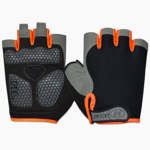 HuwaiH Cycling Gloves Men's/Women's Mountain Bike Gloves Half Finger Biking Gloves | Anti-Slip Shock-Absorbing Gel Pad Breathable Cycle Gloves (Black Orange, Large(Male)) - Thumbnail 3