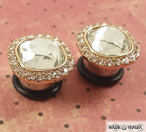 Plug and Gauge Earrings by House Yeager - Square Crystal Plugs with a Crystal Trim for Stretched Ears