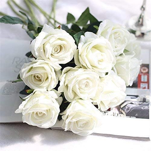 Cinxy Artificial Flowers Long Stem Silk Rose Flower Bouquet Wedding Party Home Decor, Pack of 6 (White) (White)