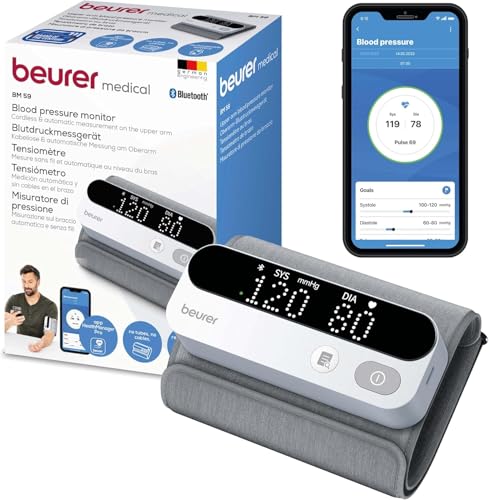 Beurer BM 59 Tensiomètre pour le bras, brassard sans tuyaux ni câbles, indicateur de risque à LED, détection d'arythmie, brassard 22-42 cm, avec application, transfert de données vers Apple Health
