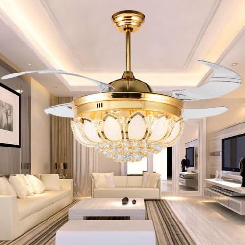 Ciamlir 4 leaf fan chandelier lighting petal crystal ceiling fan light transparent retractable leaf remote fan chandelier with LED light - interior, bedroom, bedroom