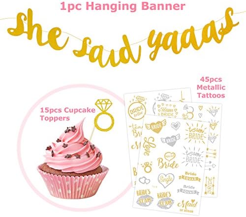 Cazul Goods "She Said Yaaas" Engagement Banner and 15pc Cupcake Toppers Set - 3 Bonus Sheets of Metallic Bridal Tattoos