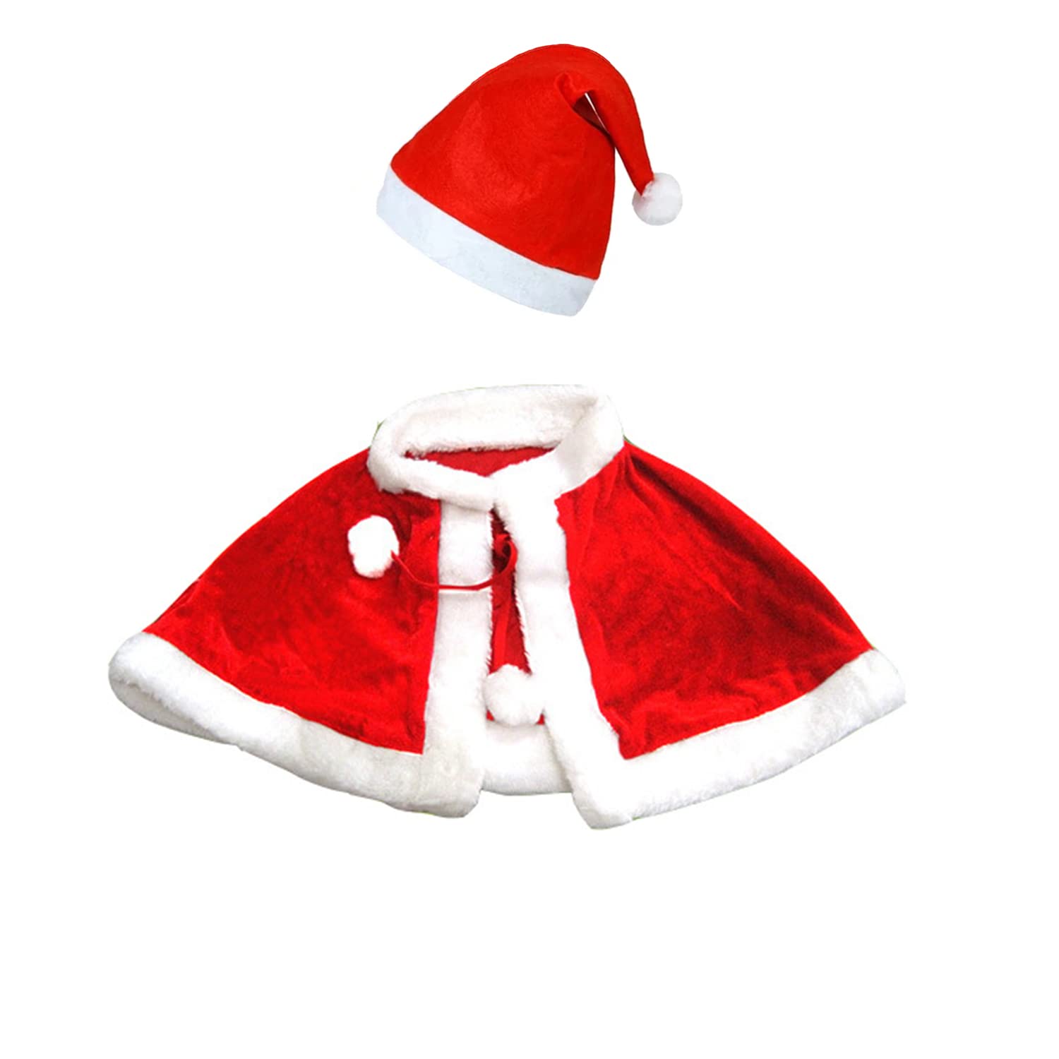 Kids Christmas Cloak and Christmas Hat Set Christmas Fancy Dress Costume Girls Boys Short Red Christmas Cape Shawl Children Santa Claus Cloak Party Robe Cosplay Costume Xmas Outfit Dress Up Gown