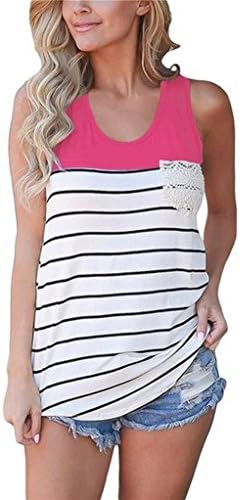 Women Tunic Vest, Qisc Women's Summer Tops, Casual Sleeveless Scoop Neck Color Block Striped Loose Fit Tank Top T-Shirts (XL, Hot Pink)
