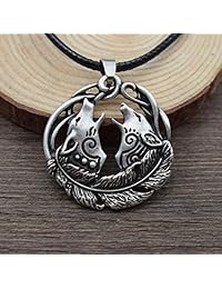 HAQUIL Collar de lobo vikingo, pareja con doble lobo colgante collar para mujeres y hombres