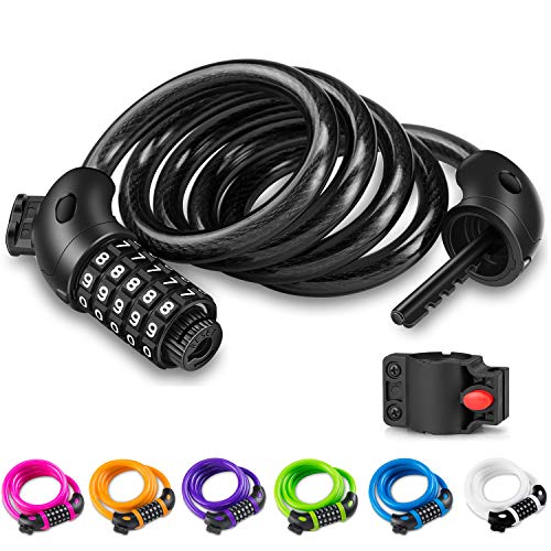 Opaza Bike Lock - 5 Digit Combination Cable Lock, 1.2M/4FT Security Chain, Resettable Code, Includes Mounting Bracket | For Bicycle, Scooter, Electric Bike
