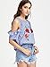 Floerns Women's Cold Shoulder Ruffle Rose Embroidered Striped Top Blue L