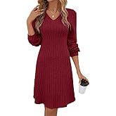 SKAYS Women's 2025 Long Sleeve Ribbed Knit V Neck Sweater Fall Dress Casual A Line Midi Dress