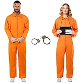 WEFONLLICOS Orange Prisoner Costume Jumpsuit Prison Inmate Jail Criminal Overalls Halloween Outfit for Adult Men Women