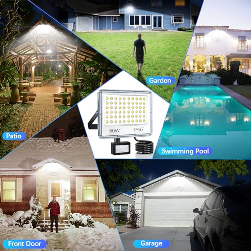 YIQIBRO Outdoor LED Motion Detector Floodlight, 50 W, 5000 LM 7000 K Outdoor LED Spotlight Motion Detector, IP67 Waterproof Outdoor Lighting for Garden, Patio, Garage