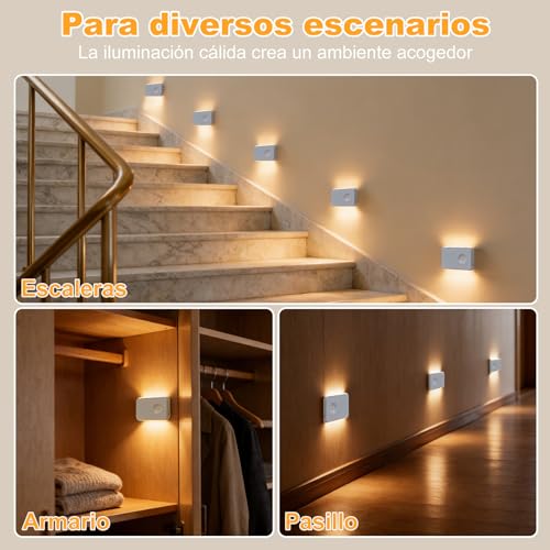 Luces de Escalera con Sensor de Movimiento Recargables, Luces Automáticas con Soporte Magnético Regulables para Interiores en Escaleras, Pasillos, Cocina, Baño (Blanco-6PCS)