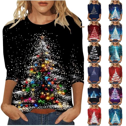 Women's Christmas Tops Xmas Sleeve Tree Casual Print Tunic Blouse Shirt Jumpers Pullover Holiday Plus UK Glitter Party Blouses Novelty Neck Lightweight Dressy Loose Fit Festive Tee Tshirt