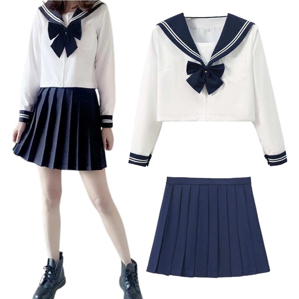 [Limspace] セーラー服 本格制服 コスプレ JK 女子高生 コスプレ 制服 ホワイト 長袖と半袖の2種類 セーラー服 スカート 蝶結び 3点セット JKコスプレ スカート スクールスカート プリーツスカート JK ボウタイ クラスの服 関西襟 學院風 イギリス風 中学生 かわいい 学園祭 文化祭 仮装 (白2本 長袖, XL) の商品画像