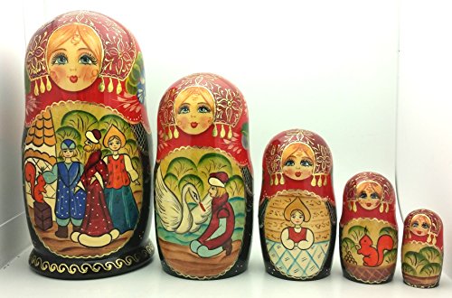 Tsar Saltan fairy tale by Pushkin Russian Nesting doll Hand Carved Hand Painted 5 piece Set 7" tall