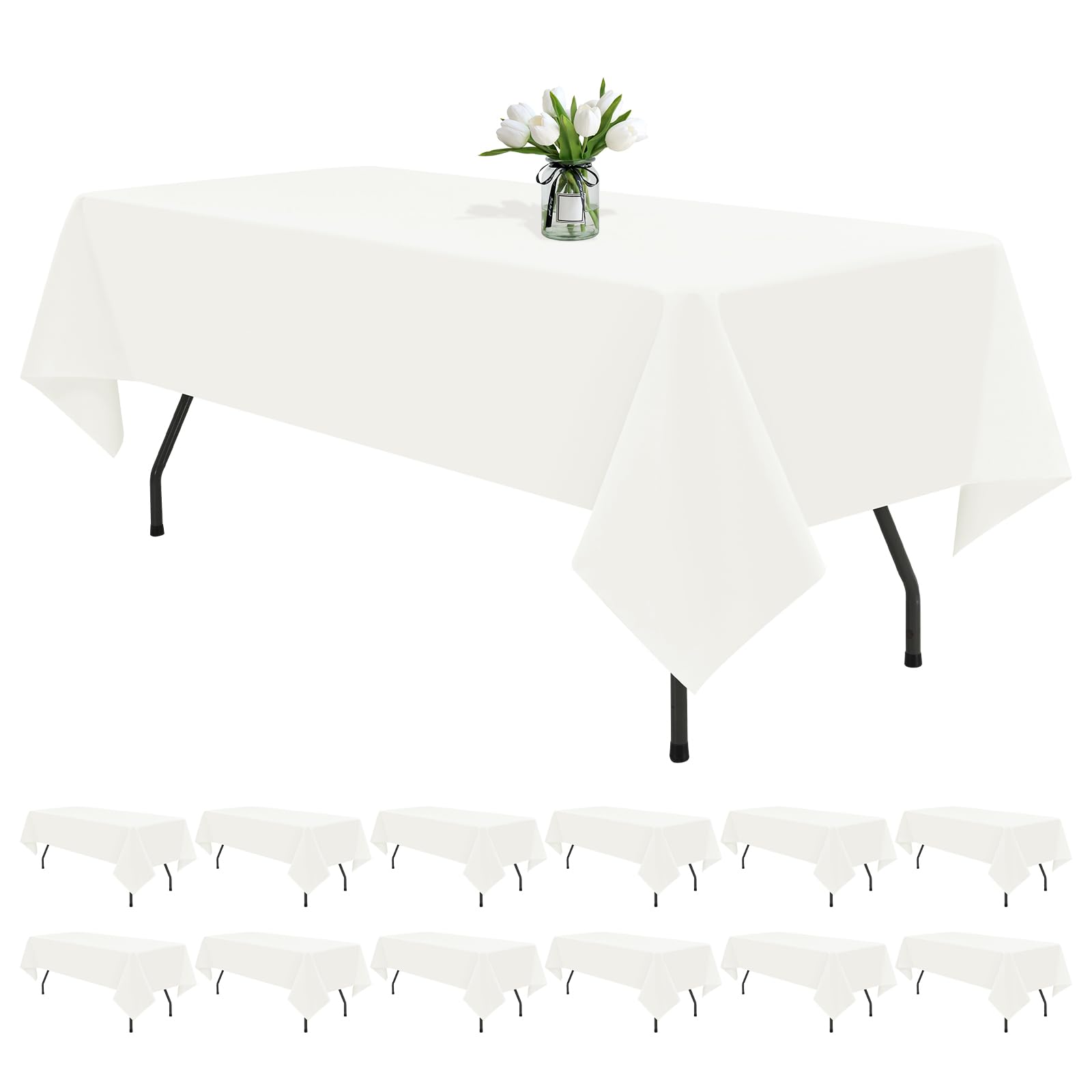 Photo 1 of REWOMC 12 Pack Ivory Tablecloths for Rectangle Tables 60 x 102 Inch Ivory Polyester Tablecloth 6 Foot Rectangle Table Cloth Washable Fabric Table Cover for Party Wedding Banquet Restaurant Events