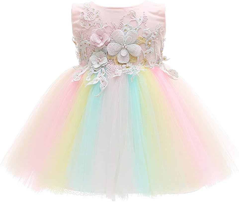 Cute Infant Christening Outfits Sleeveless Embroidered 3D Flower Lace Princess Tutu Dress - Baby Girls Wedding Party Pageant Gowns