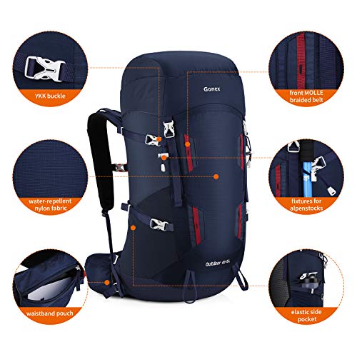 Gonex 45L/50L Hiking Internal Frame Backpack, Outdoor Travel Backpacking Backpack with Rain Cover for Camping, Trekking, Climbing for Men Women Deep Blue - Thumbnail 2