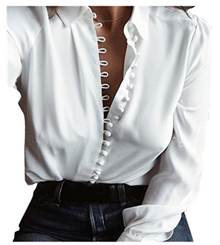 Women Casual Solid Long Sleeves Blouse Lapel Shirt For Work (US4=Label SizeM, White) (US4=Label SizeM, White)