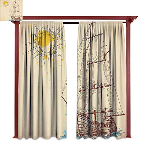 AndyTours Outdoor Rod Pocket Curtains Nautical Decor Nautical Pattern of A Sailing Boat in Windy Sea with Splashed Sun Cruising Galleon Darkening Thermal Insulated Blackout W72x108L Cream Brown