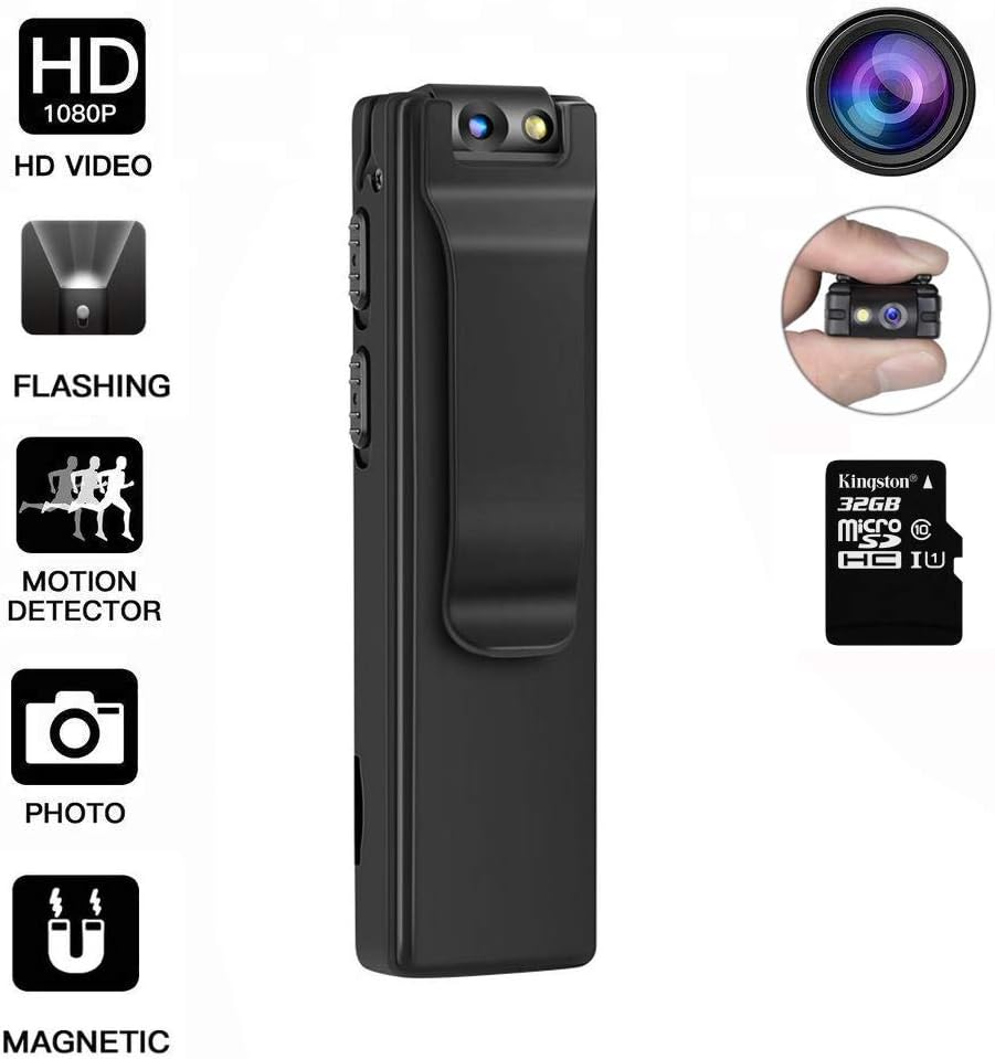 DEXILIO Mini Body Camera, 1080P Wearable Pocket Camcorder with Clip/Motion Detection,Tiny Security Surveillance Nanny Camera for Home and Office with 32GB Card (No WiFi).