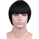 MAGQOO Short Mushroom Wig Men 60s 80s Bowl Cut Wigs Old Man Movie Party Halloween Vector Costume Anime Wig(Black)